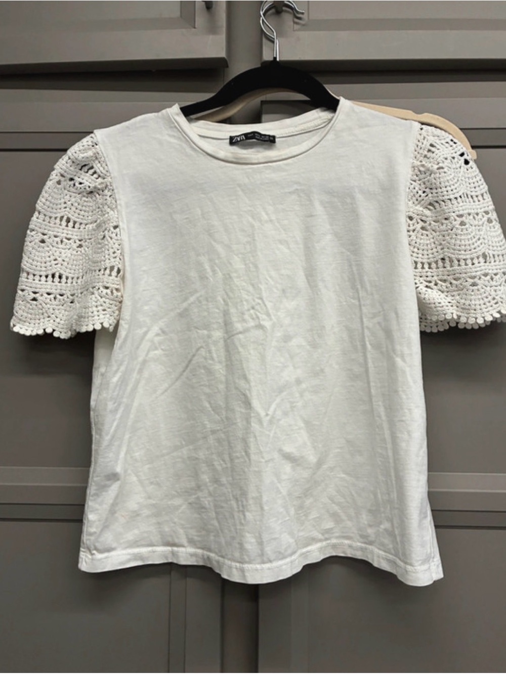 Zara Cream Crochet Puff-Sleeve Tee